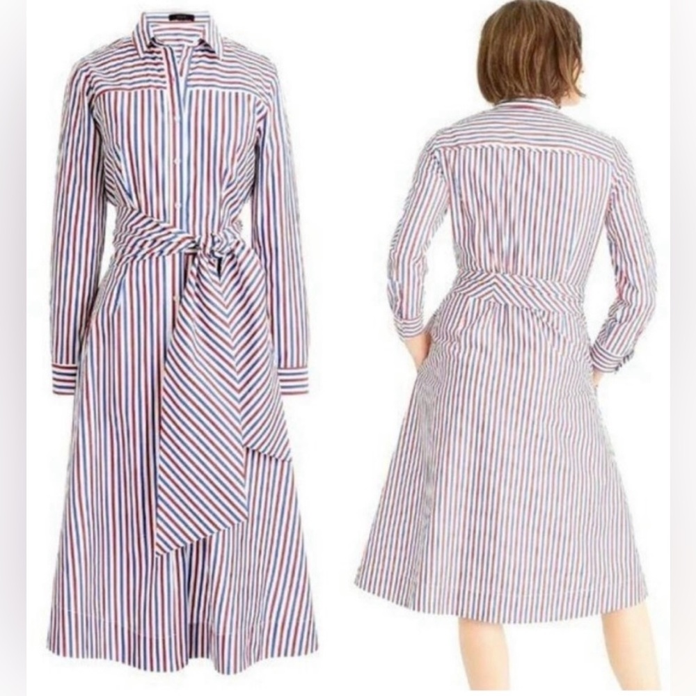 J.CREW Tie Waist Midi Shirt Dress Red White Blue Striped Sash Belt Lighthouse